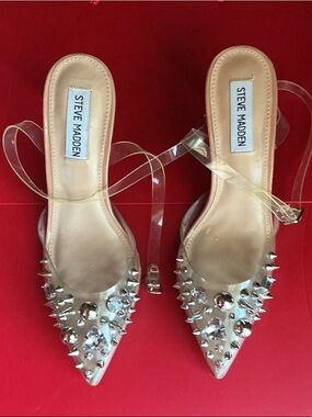 Steve Madden Clear Pointed Mules with Silver Spikes & Crystal Accents